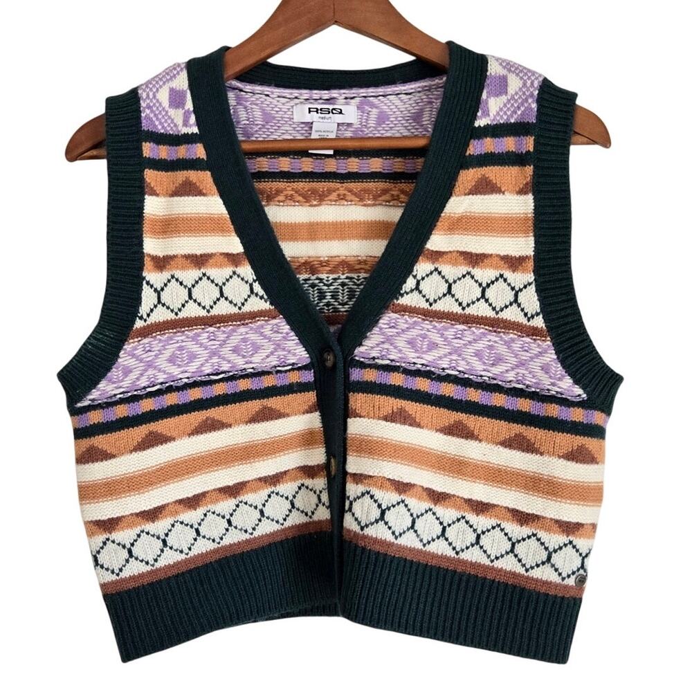 Granola Girl Y2K Indie Pop Cropped Fair Isle Knit Sweater Button Up Vest M